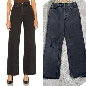Re/Done Women’s 70s Ultra High Rise Wide Leg Jeans Button Fly in Shaded Black 28